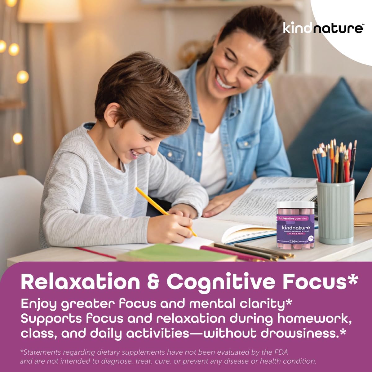 kindnature L-Theanine Gummies 200mg – Vegan Calm & Focus Supplement for Adults & Kids Ages 4+ – Mixed Berry Chewable, Low Sugar, Non-Drowsy*