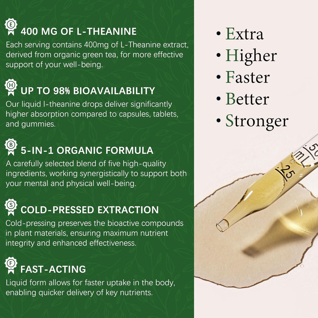 L Theanine 400mg Liquid Drops, L-Theanine Supplement for Adults & Kids with GABA, Magnesium & Ashwagandha, Natural Sleep, Focus & Relaxation Support, Vegan, Alcohol-Free, Non-GMO, 2 FL OZ