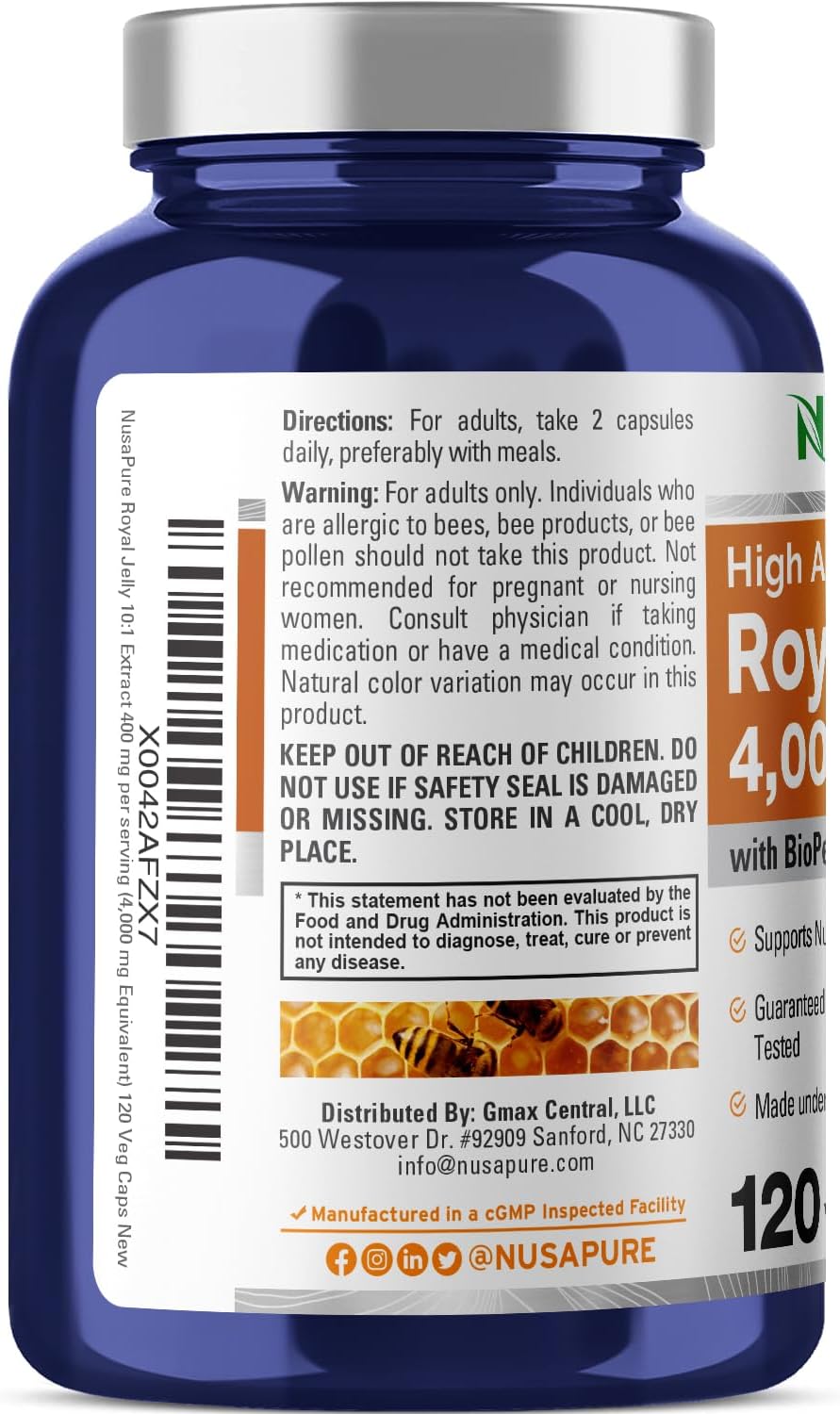NusaPure Royal Jelly 10:1 Extract, 400 mg Equivalent to 4000mg - 120 Veggie Capsules (Non-GMO, Gluten Free, Bioperine)