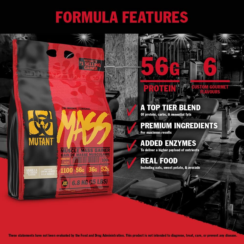 Mutant Mass Weight Gainer Protein Powder – Build Muscle Size and Strength with 1100 Calories – 56 g Protein – 26.1 g EAAs – 12.2 g of BCAAs – 15 lbs with 24 Servings – Cookies & Cream