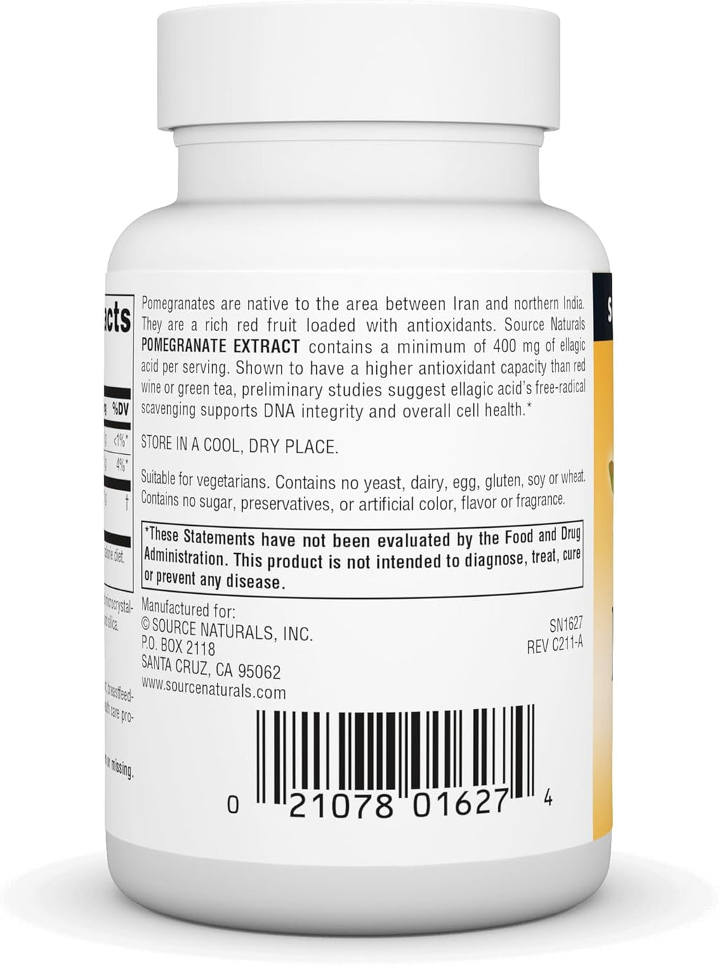 Source Naturals Pomegranate Extract 500mg Complete Whole Fruit Ellagic Acid Antioxidant & Added Fiber - 60 Tablets