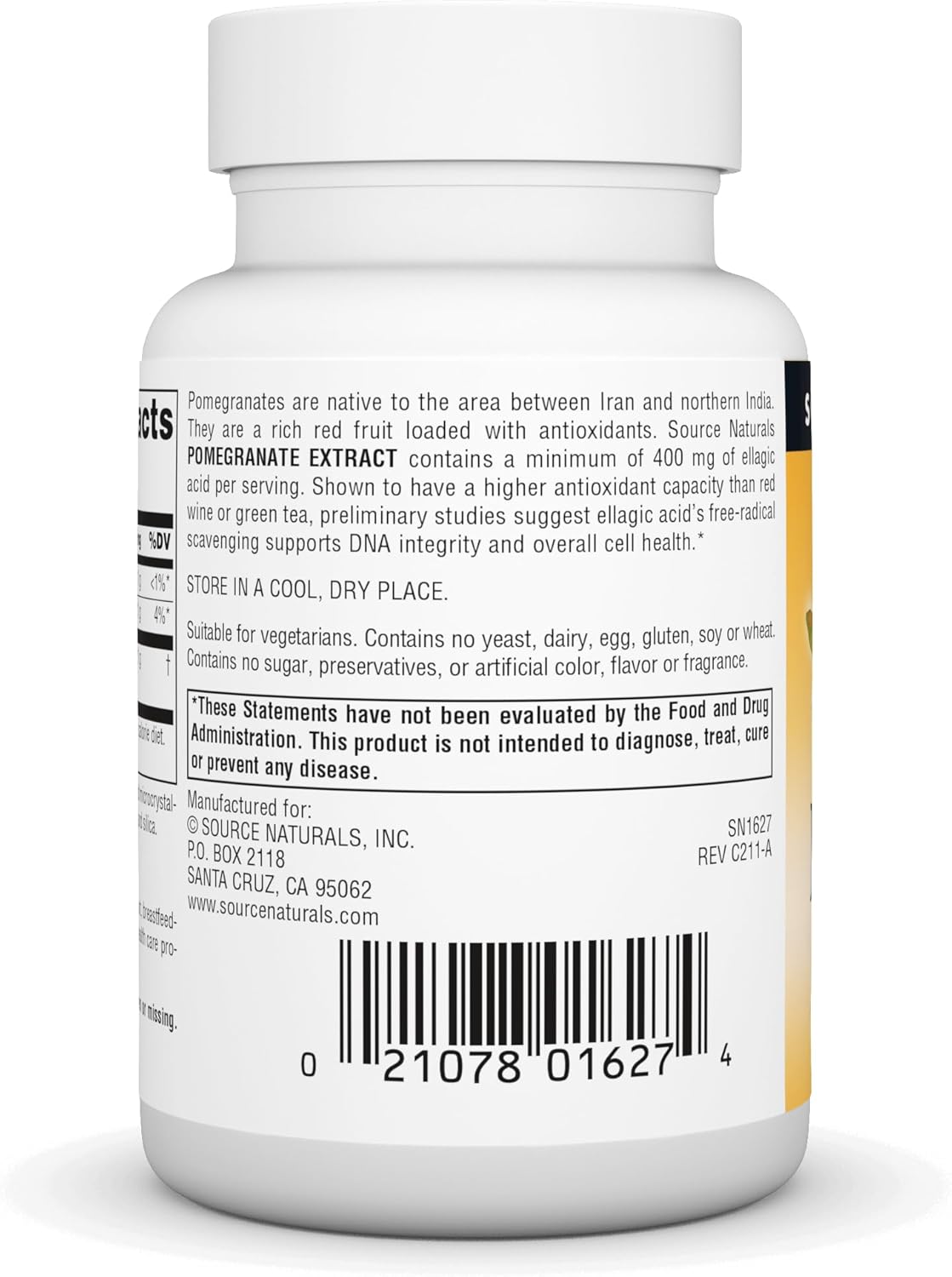 Source Naturals Pomegranate Extract 500mg Complete Whole Fruit Ellagic Acid Antioxidant & Added Fiber - 60 Tablets