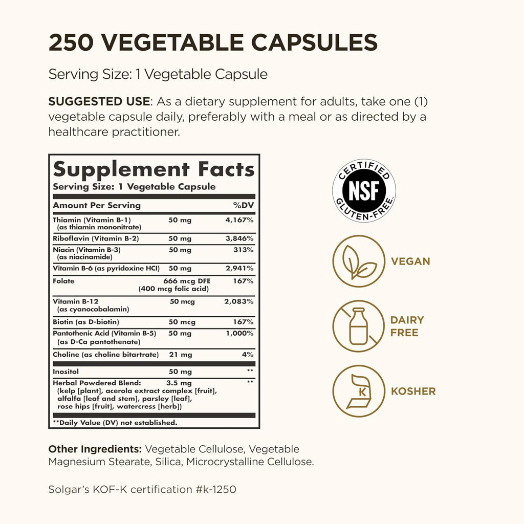 Solgar B-Complex “50”, 250 Vegetable Capsules - Energy Metabolism, Cardiovascular Support, Nervous System Support - Non-GMO, Vegan, Gluten Free, Dairy Free, Kosher - 250 Servings
