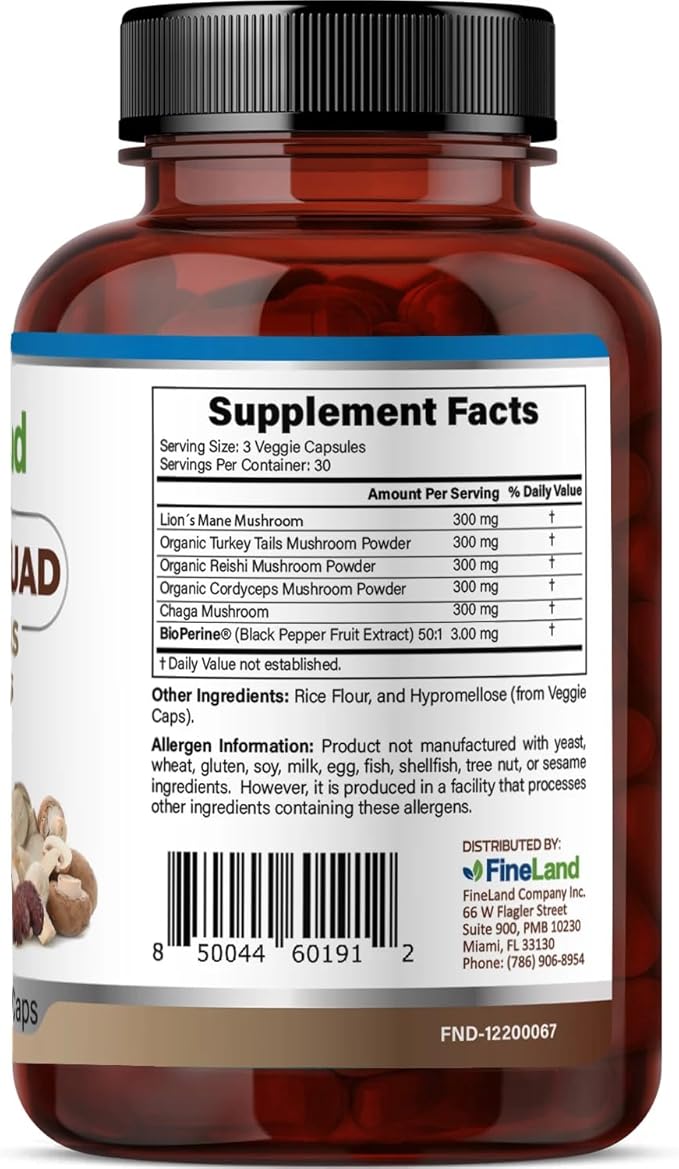 FineLand Shroom Squad 5-Mushroom Master Blend - 1500mg Complex with Lion’s Mane, Reishi, Cordyceps, Chaga & Turkey Tail - Enhanced with BioPerine - Cognitive, Immune & Energy Support - 90 Veggie Caps