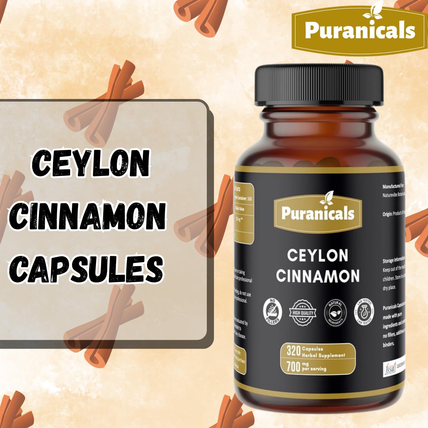 Ceylon Cinnamon Premium 320 Capsules Non GMO and Gluten Free | Herbal Supplement | 700 mg Per Serving | Made with 100% Pure Ceylon Cinnamon Powder