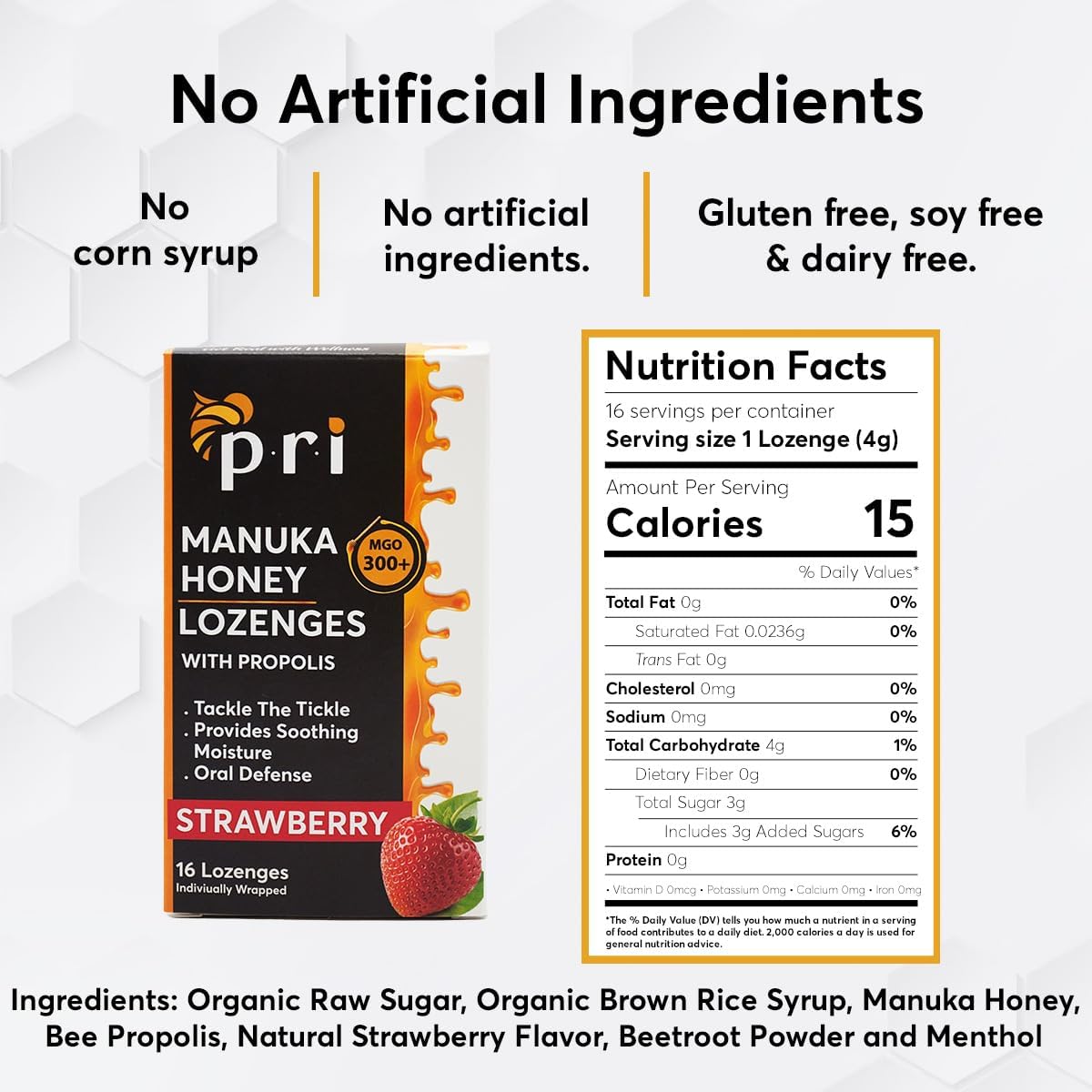 P.R.I Manuka Honey Lozenges with Propolis, Soothing Cough and Throat Drops, MGO 300+ Certified (Strawberry, 16 Count/2 Pack)