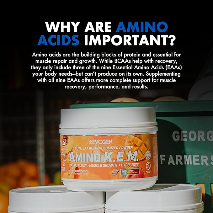 Evogen Amino K.E.M. - EAA & BCAA Powder Pump Volumizer | BCAAs Amino Acids Supplement for Blood Flow, Muscle Growth, & Hydration | Peach Mango | 30 Servings