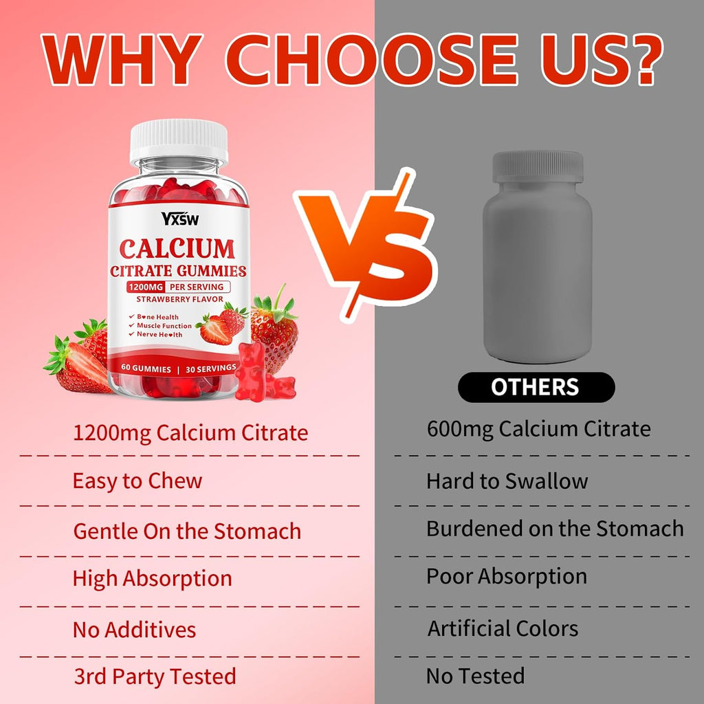 Calcium Citrate Gummies 1200mg, Chewable Calcium Supplement for Women & Men, Sugar Free Calcium for Bone, Muscle & Immune Support, Gluten Free, Vegan, Non-GMO, Strawberry Flavor, 60 Count