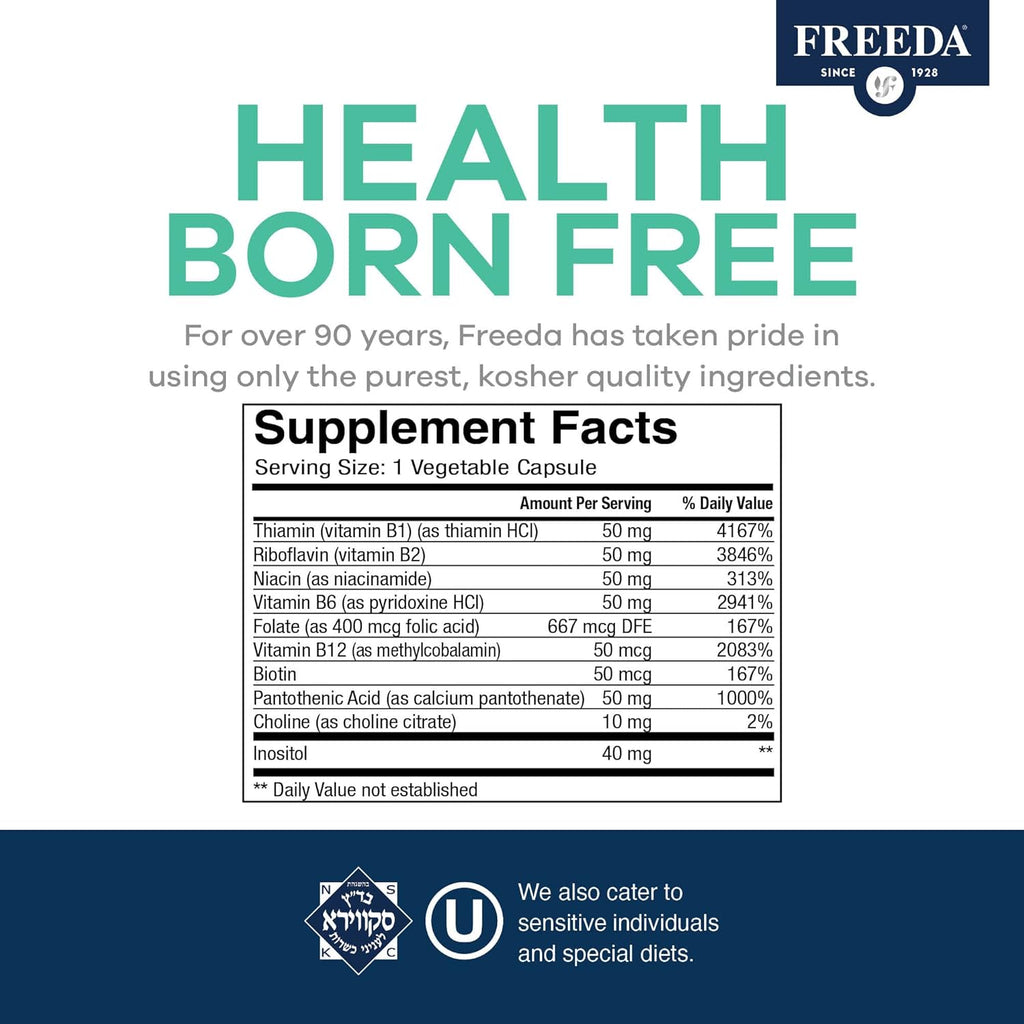 FREEDA Vitamin B Complex - Super Quints B-50 - Kosher Super B Complex Vitamin Supplement for Women & Men with Vitamin B1 Vitamin B2 Vitamin B3 Vitamin B6 Vitamin B12 Plus Folic Acid (100 Capsules)