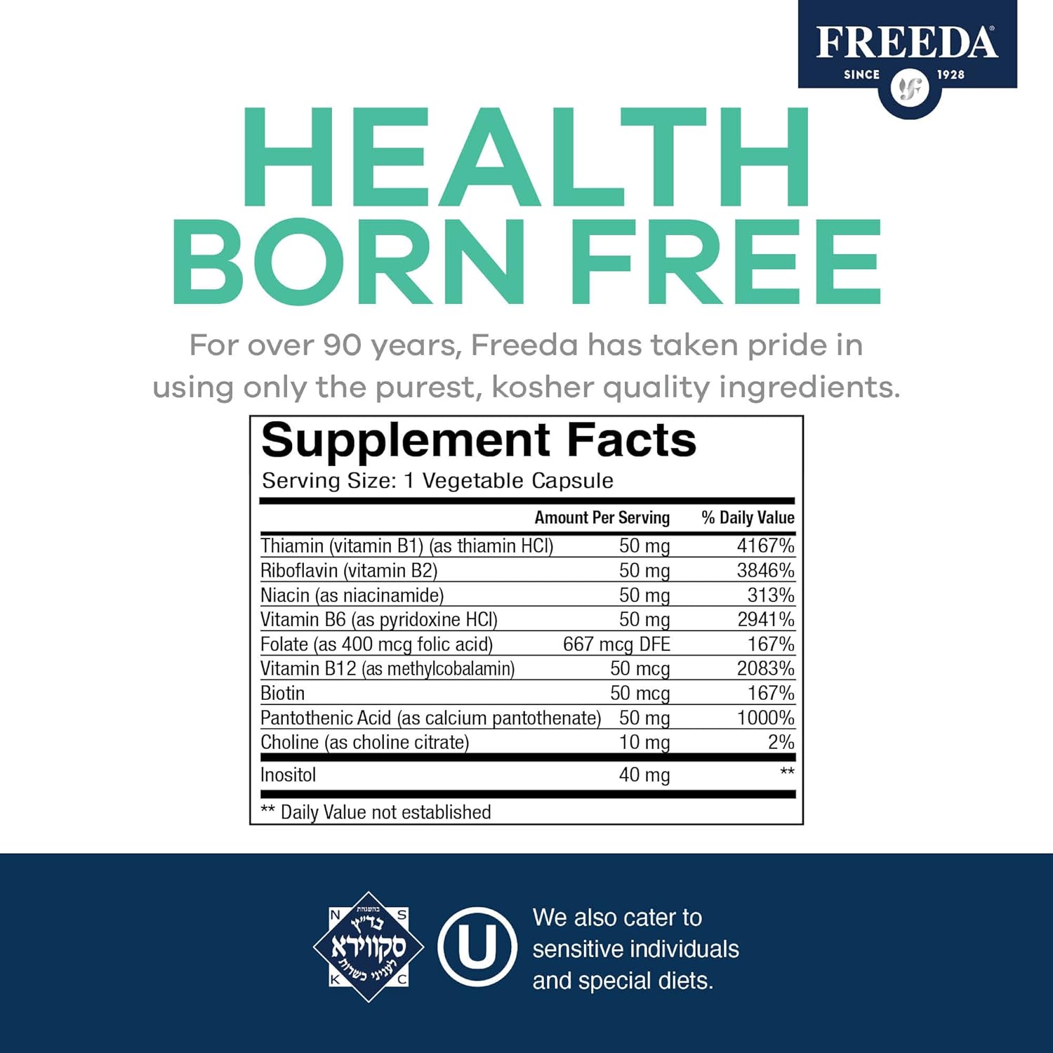 FREEDA High Potency Super B-Complex – B1, B2, B3, B5, B6, Biotin, Folic Acid & B12 – Energy, Mood & Nervous System Support – Vegan, Kosher, Gluten-Free – 250 Capsules