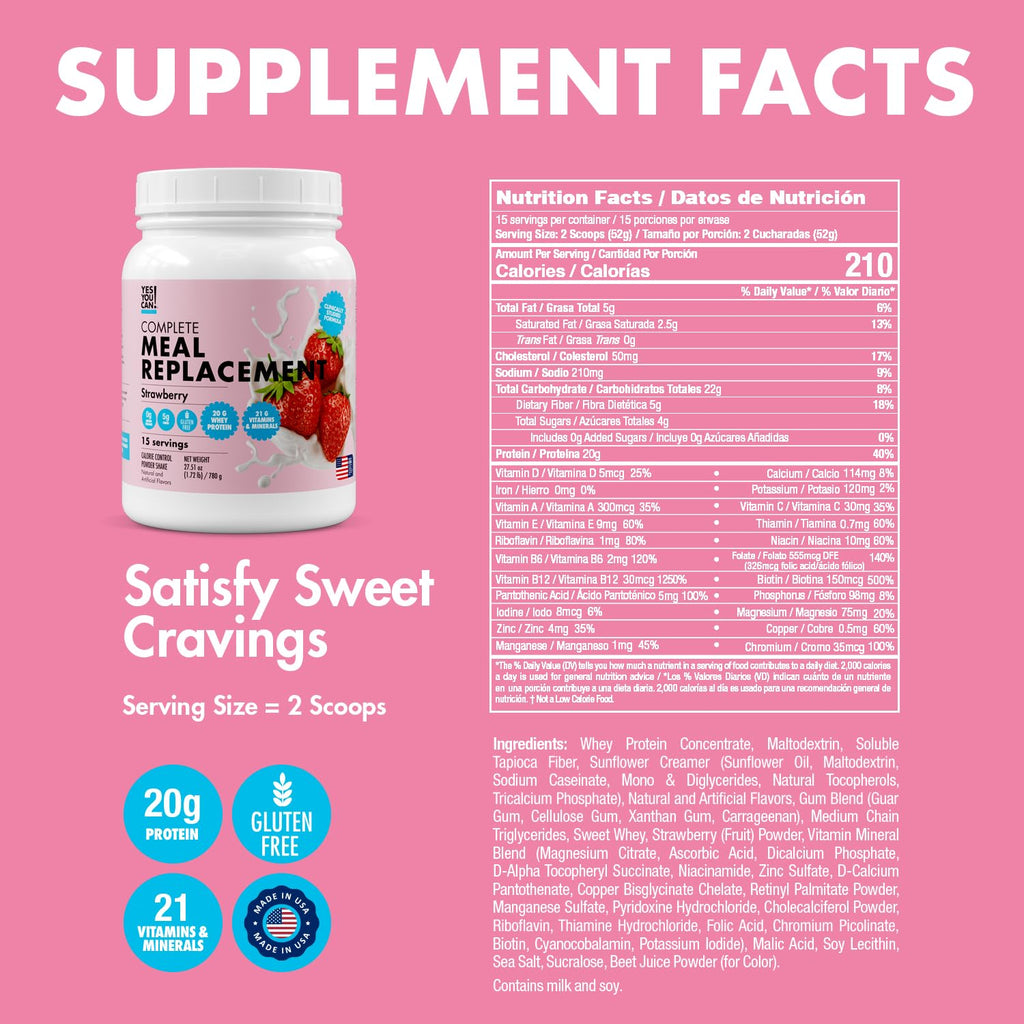 Yes You Can! Meal Replacement Shake - 20G Protein, 5G Fiber, 21 Vitamins & Minerals - Meal Replacement Protein Powder - Complete All-in-One Nutrition - 15 Servings (Strawberry) - 2 Pack