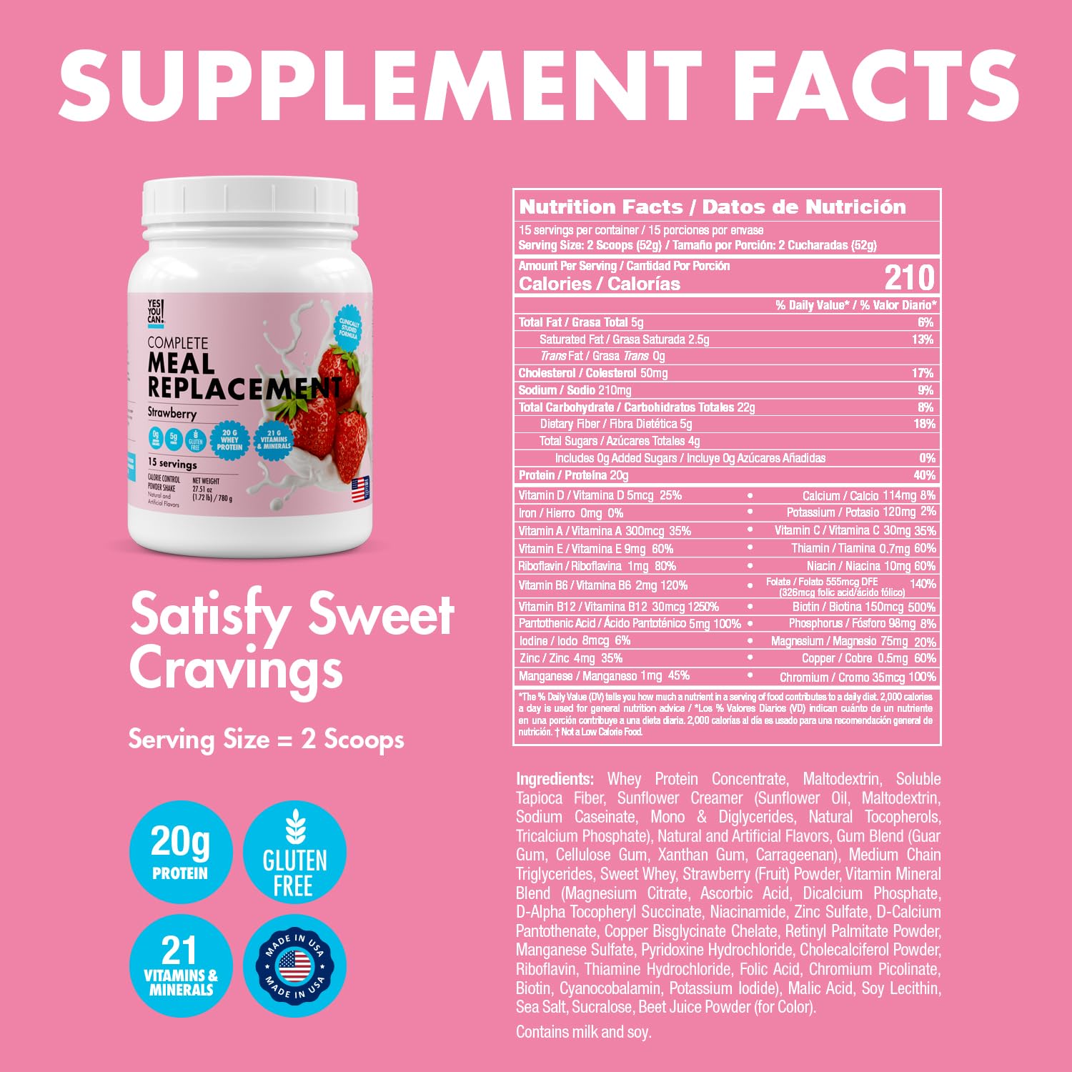 Yes You Can! Meal Replacement Shake - 20G Protein, 5G Fiber, 21 Vitamins & Minerals - Meal Replacement Protein Powder - Complete All-in-One Nutrition - 15 Servings (Strawberry) - 2 Pack