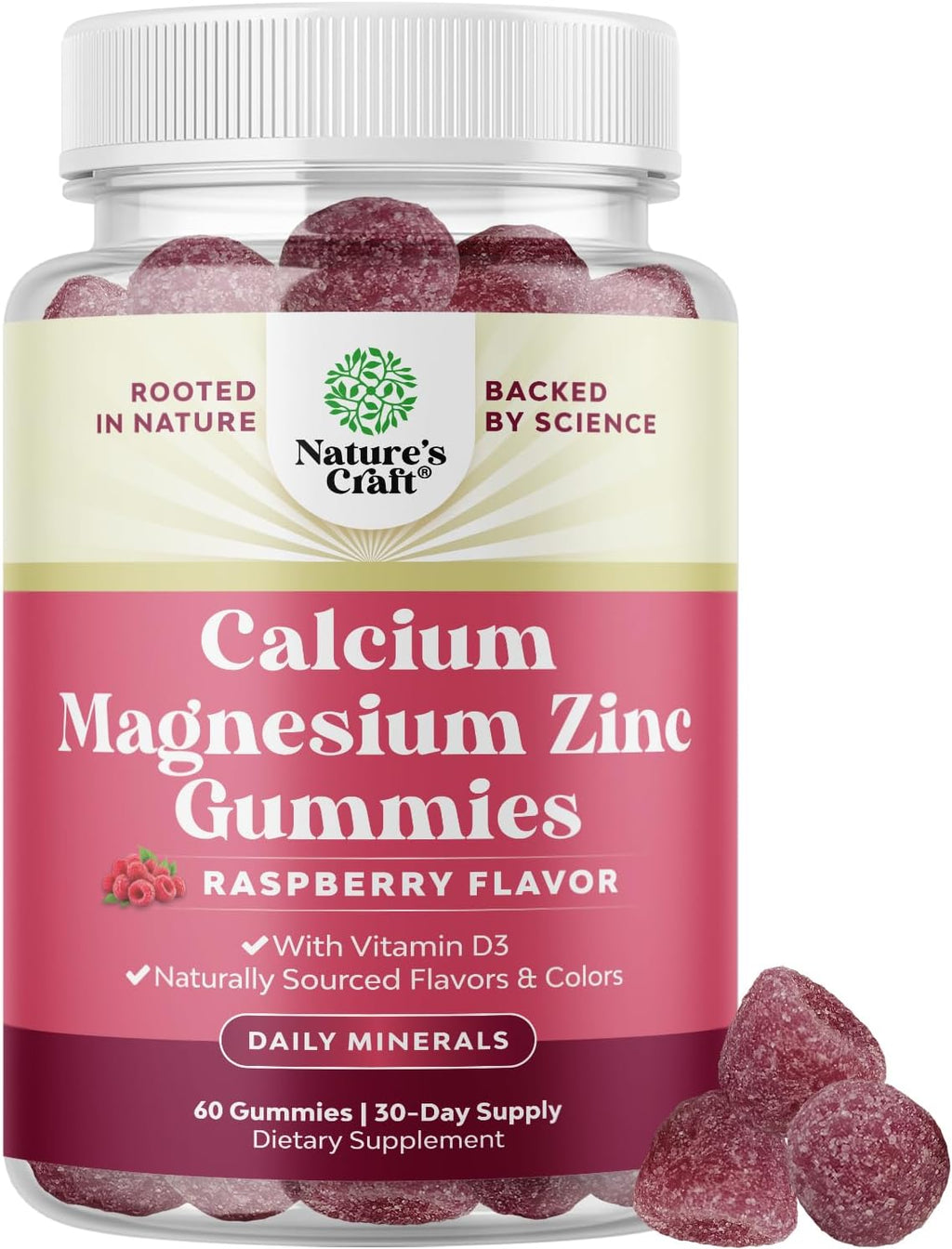 Calcium Magnesium Zinc Gummies - Magnesium Zinc Calcium Supplement Gummies with Vitamin D3 for Teeth and Bone Health - Certified Kosher Non-GMO Gelatin Free & Vegetarian Friendly (1 Month Supply)
