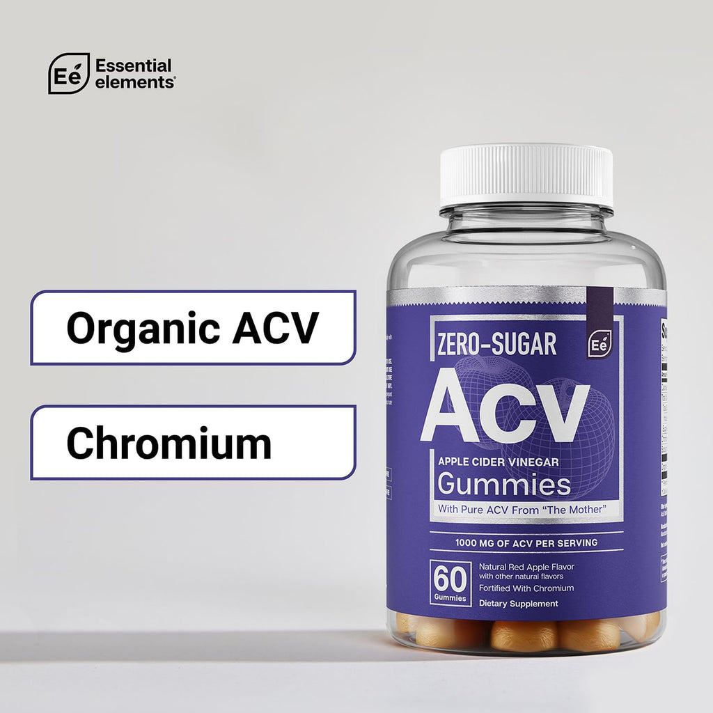 Essential Elements Zero-Sugar ACV Apple Cider Vinegar Gummies from “The Mother” - Naturally-Sourced, Vegan ACV Gummies with Chromium 60 Count