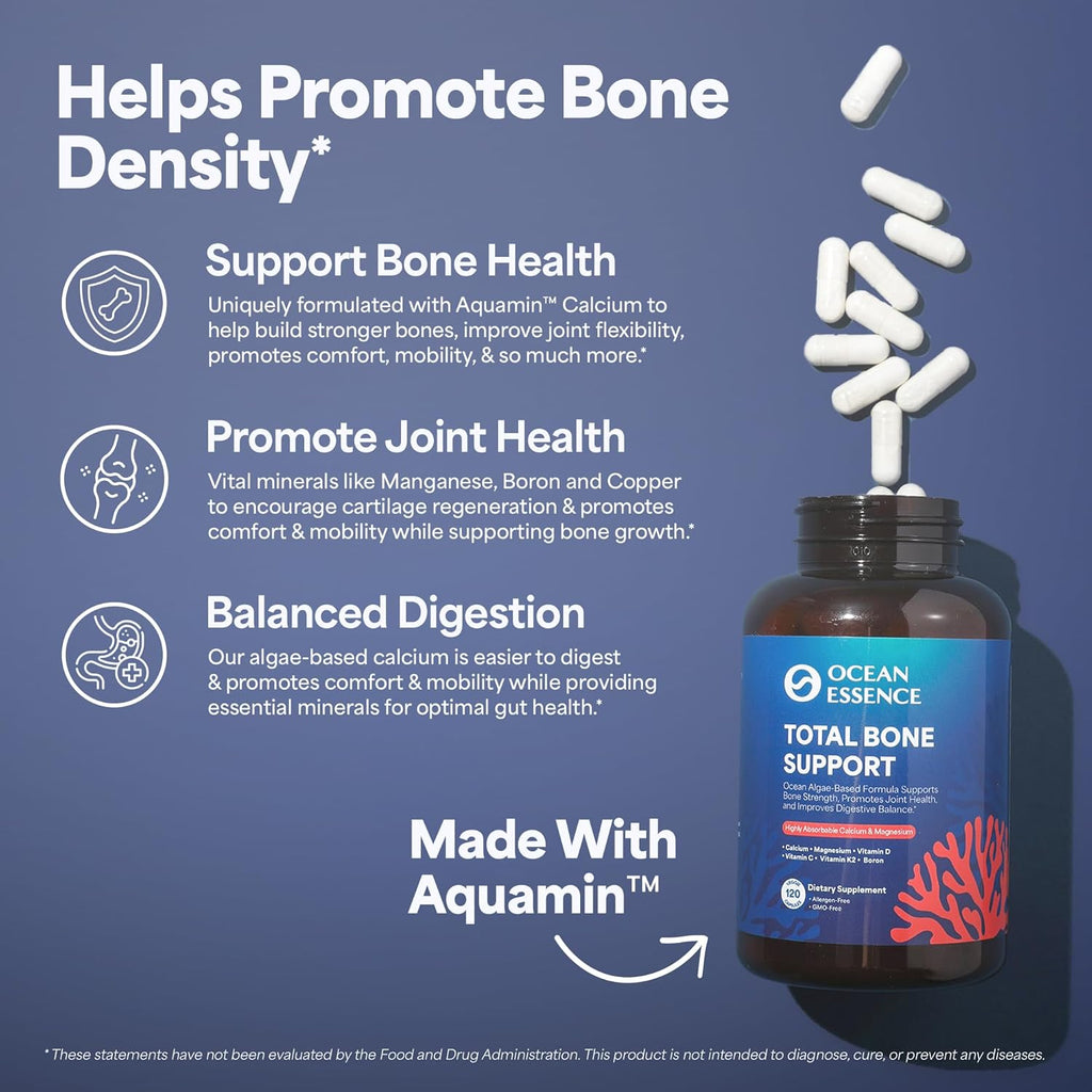 OCEAN ESSENCE Total Bone Support - Plant-Based Algae Calcium Supplement for Supporting Bone Density & Strength - for Men & Women 35+ - 120 Natural Calcium Capsules - Vitamins for Optimal Health