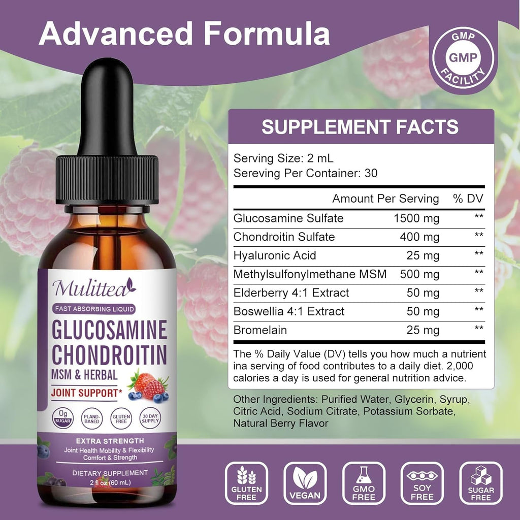 Glucosamine Chondroitin MSM Liquid Drops-w/Elderberry, Boswelia &Hyaluronic Acid-Extra Strength Joint Support Supplement for Mobility, Flexibility & Bones,High Absorption,60ml (2 fl oz)