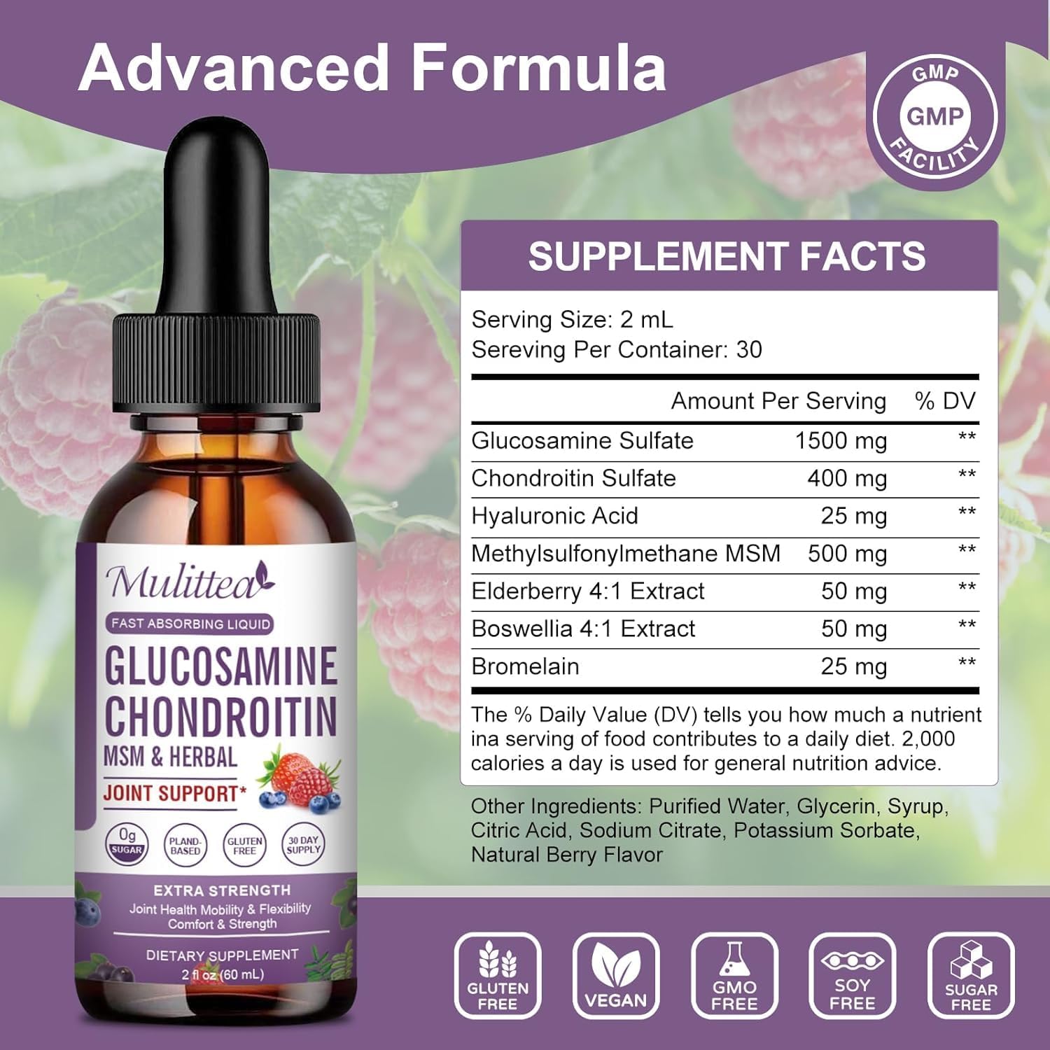Glucosamine Chondroitin MSM Liquid Drops-w/Elderberry, Boswelia &Hyaluronic Acid-Extra Strength Joint Support Supplement for Mobility, Flexibility & Bones,High Absorption,60ml (2 fl oz)