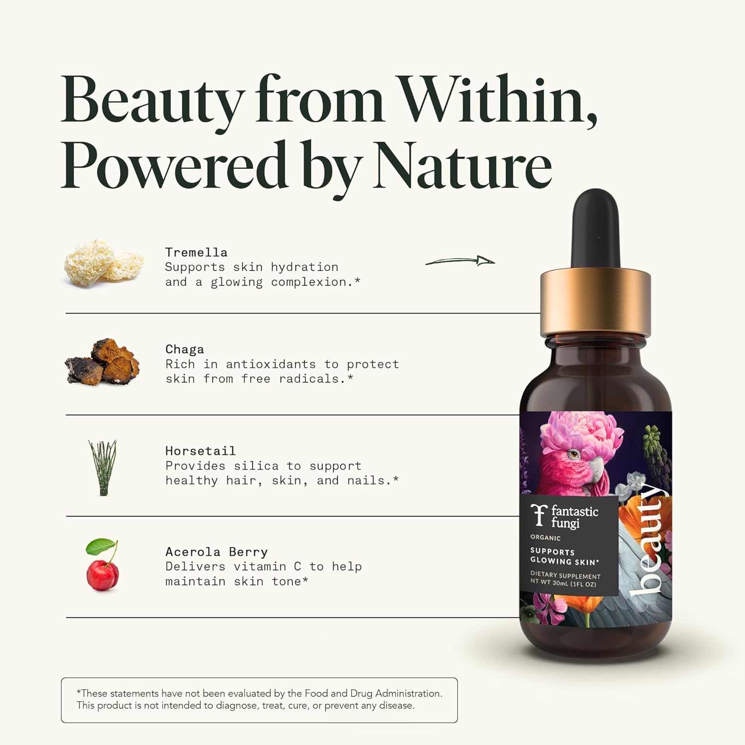 Organic Tremella Mushroom Supplement with Chaga Extract, Horsetail & Acerola, Beauty Elixir for Healthy Hair Skin and Nails | Vegan, Formulated in USA | 30 Servings, 1 fl oz