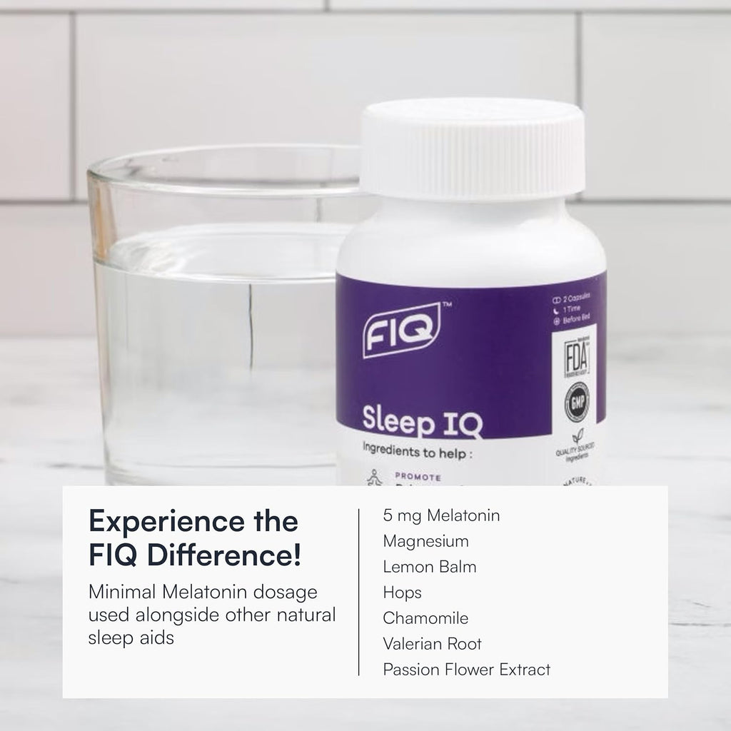 FIQ - Sleep IQ - Sleep Aid - Magnesium Supplement with 5 mg Melatonin, Lemon Balm, & Valerian Root - 60 Capsules