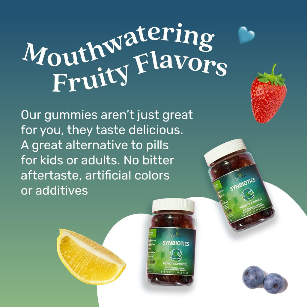 BeLive Synbiotics - Probiotic & Prebiotic Fiber Gummies – High Strength Inulin (3g), Dietary Fiber Supplement, Digestive Support for Kids & Adults - Strawberry, Lemon, Blueberry Flavor | 3-Pack