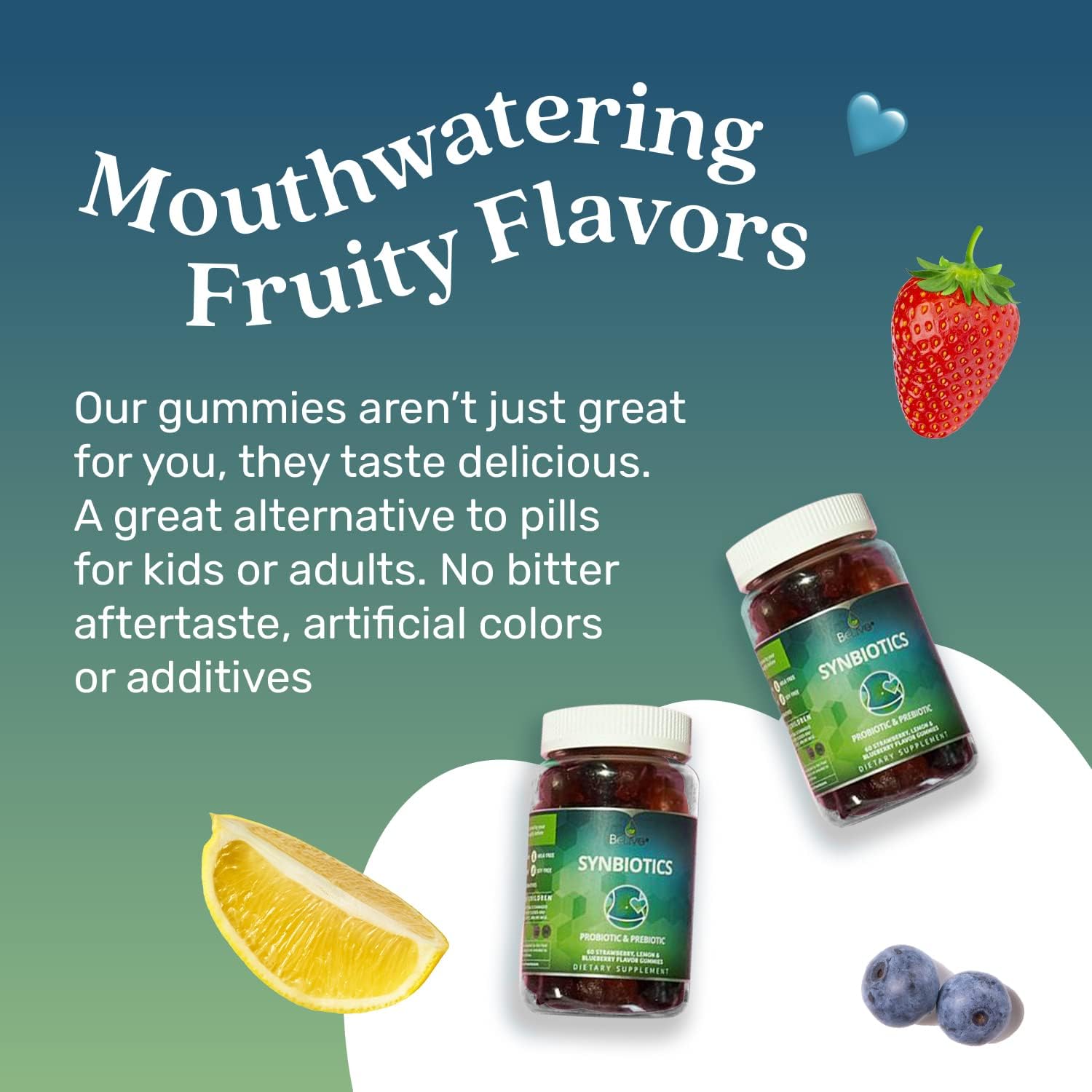 BeLive Synbiotics - Probiotic & Prebiotic Fiber Gummies – High Strength Inulin (3g), Dietary Fiber Supplement, Digestive Support for Kids & Adults - Strawberry, Lemon, Blueberry Flavor | 2-Pack