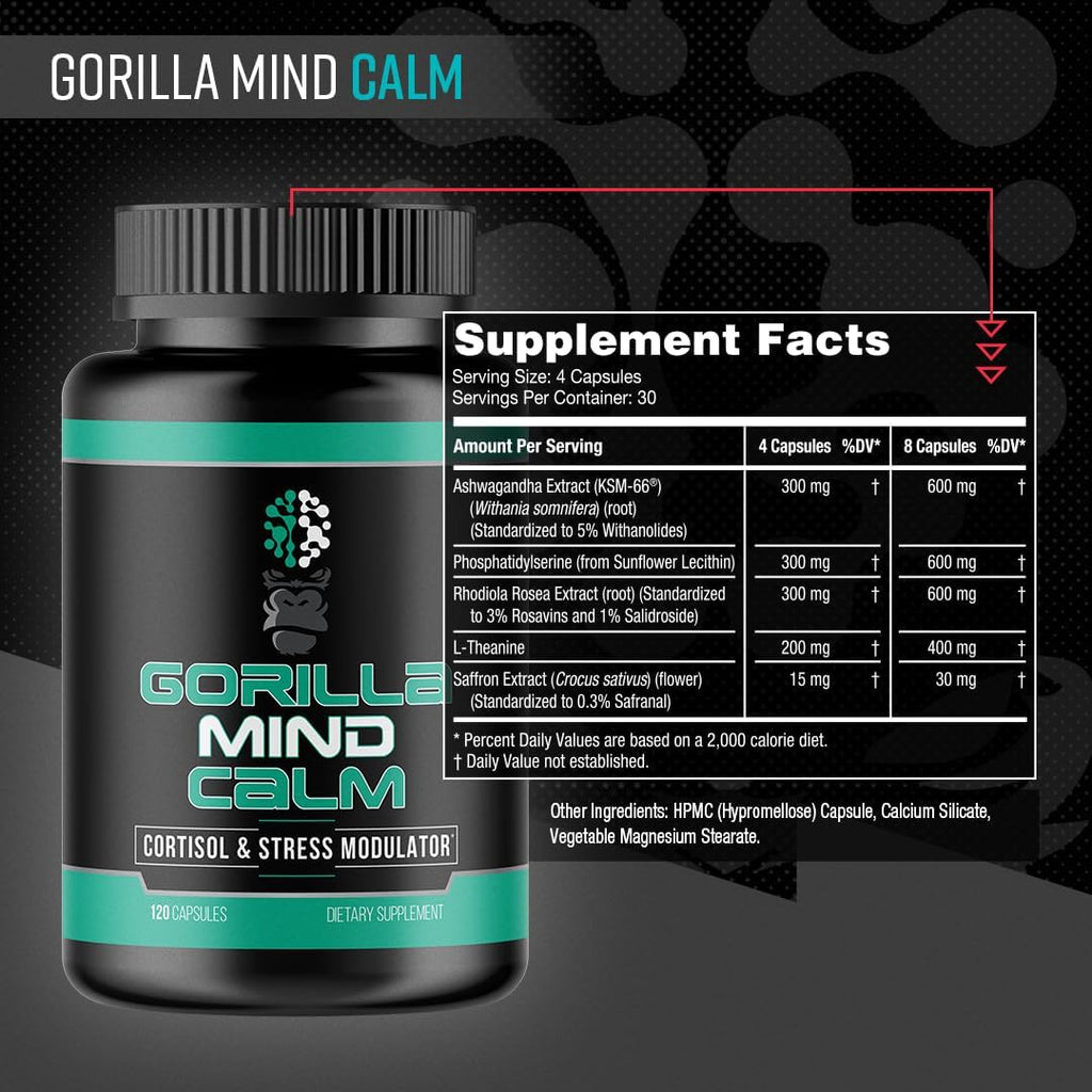 Gorilla Mind Calm (120 Capsules) - Potent Relaxation & Stress Reduction | Cortisol & Stress Modulator | Enhanced Recovery
