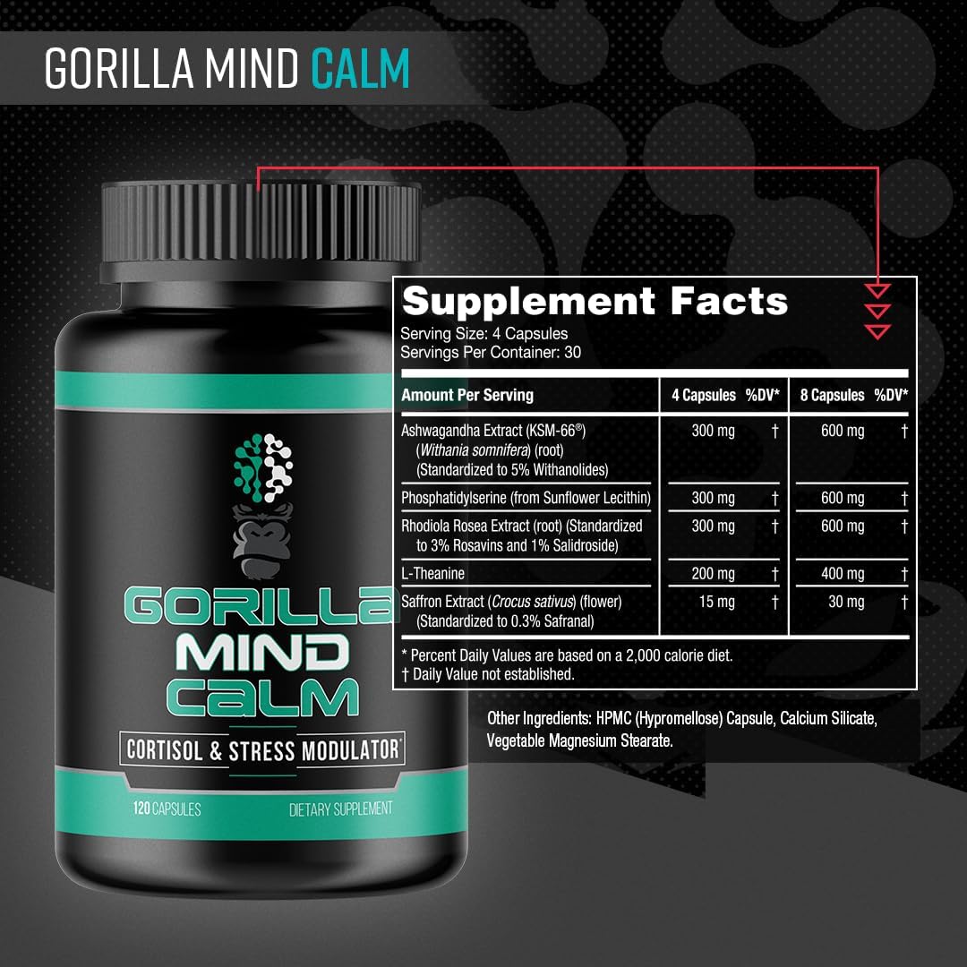 Gorilla Mind Calm (120 Capsules) - Potent Relaxation & Stress Reduction | Cortisol & Stress Modulator | Enhanced Recovery