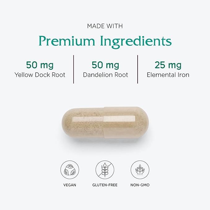 Vitanica Iron Extra, Iron Supplement Enhanced Absorption with Vitamin C 500mg, Methylfolate 400mcg, B12 Vitamin 500mcg, Calcium, Yellow Dock, Dandelion Root & Nettle Leaf Extract, Vegan, 60 Capsules