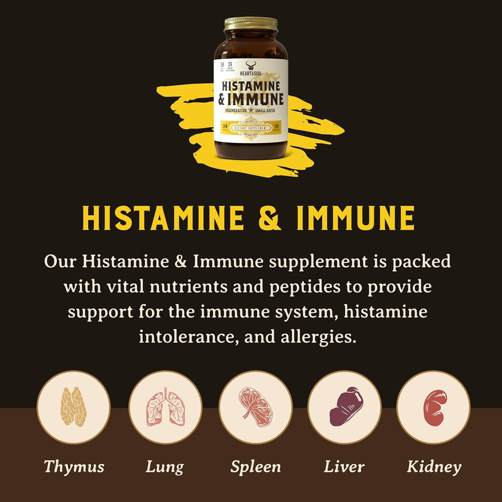 HEART & SOIL Histamine and Immune Support – 3000mg DAO Enzyme Supplements with Bovine Thymus, Selenium & Vitamin A – Non-GMO, Allergen-Free – 180 Capsules