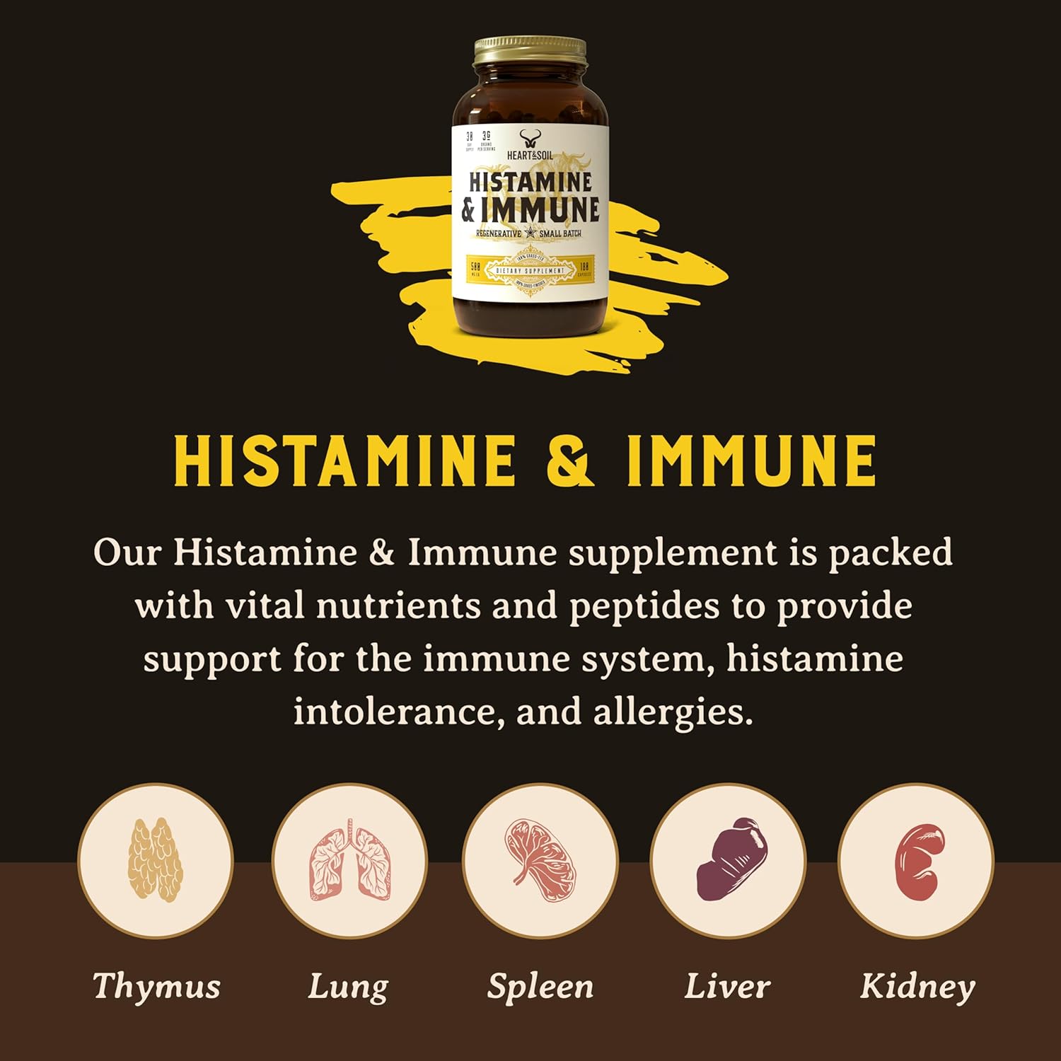 HEART & SOIL Histamine and Immune Support – 3000mg DAO Enzyme Supplements with Bovine Thymus, Selenium & Vitamin A – Non-GMO, Allergen-Free – 180 Capsules