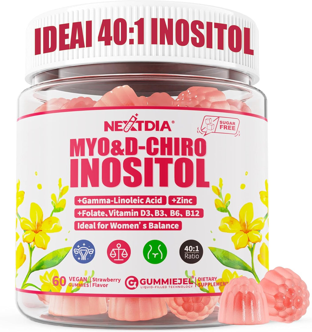 Myo-Inositol & D-Chiro Inositol Gummies with Evening Primrose Oil for Women - 40:1 Ratio Supplement Plus Vitamin D3, Methyl Folate & B12 for Hormonal Balance, Cycles & Ovarian Health, Vegan (60ct)