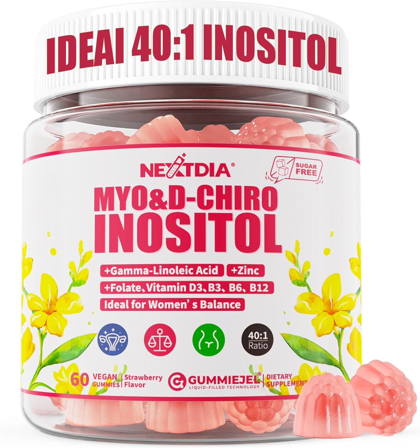 Myo-Inositol & D-Chiro Inositol Gummies with Evening Primrose Oil for Women - 40:1 Ratio Supplement Plus Vitamin D3, Methyl Folate & B12 for Hormonal Balance, Cycles & Ovarian Health, Vegan (60ct)