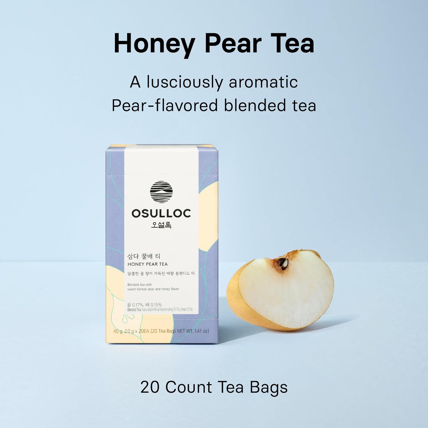 OSULLOC Honey Pear Tea (Sweet Pear & Honey Flavor), Fruit tea Blend, Premium Teabags from Jeju Island, 20 count