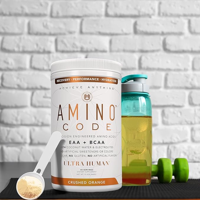 Ultra Human Amino Code | Essential Amino Acids + BCAAs + Coconut Water Electrolytes | Fast Hydration Workout Recovery Flavored Amino Energy Powder Drink | Clean Formula, 40 Servings - Crushed Orange
