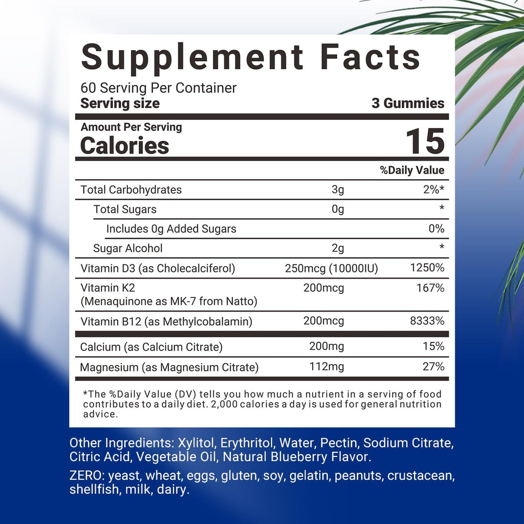 Sugar-Free Vitamin D3 K2 Gummies, Vitamin D3 10000iu & Vitamin K2(MK7) 200mcg with Calcium, Magnesium, Vitamin B12 for Bone Muscle Teeth Immune, Vegan