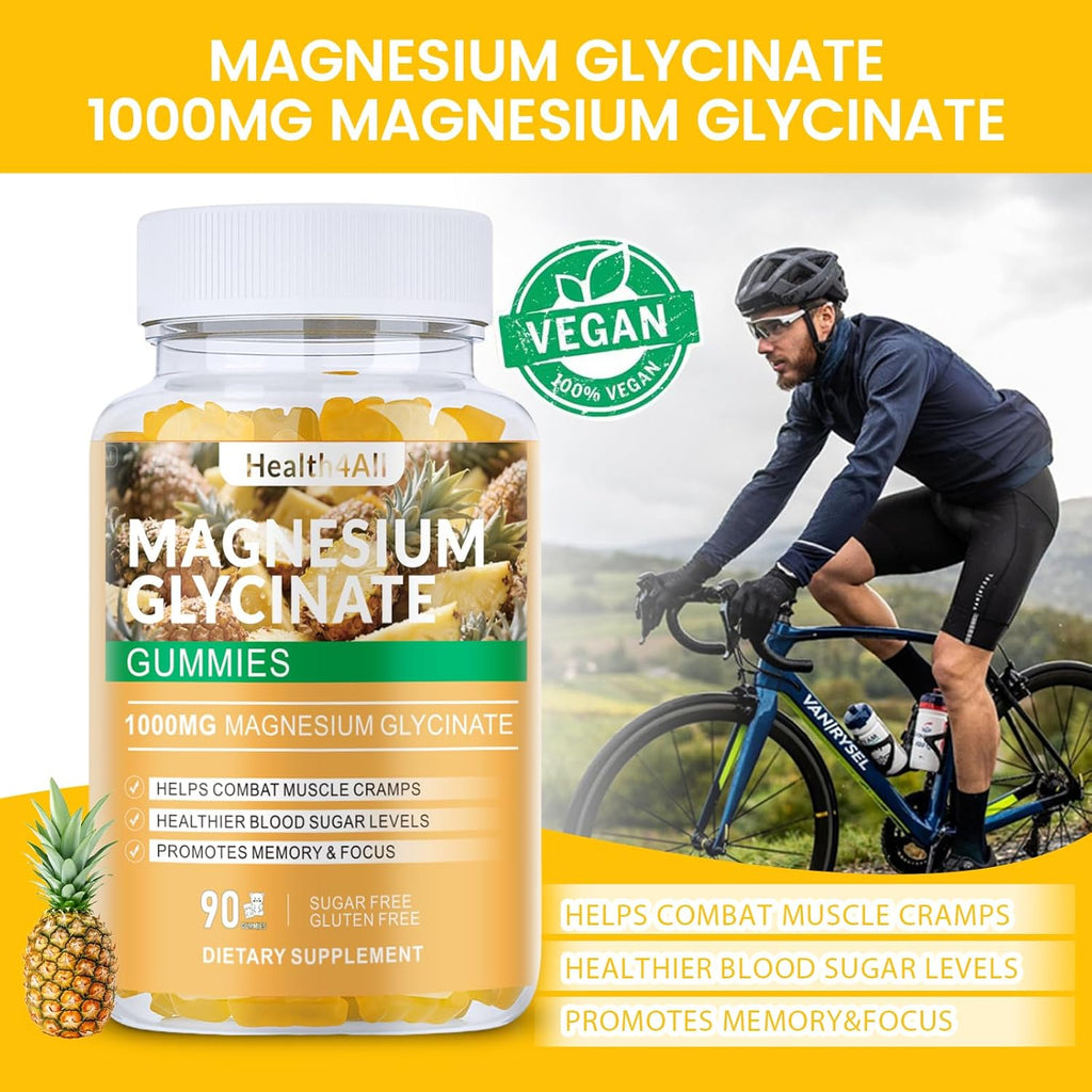 Magnesium Glycinate Gummies 1000mg, High Absorption Sugar Free Magnesium Potassium Supplement for Relaxation, Stress Relief, and Sleep Support for Adults & Kids - 180 Pineapple Gummies