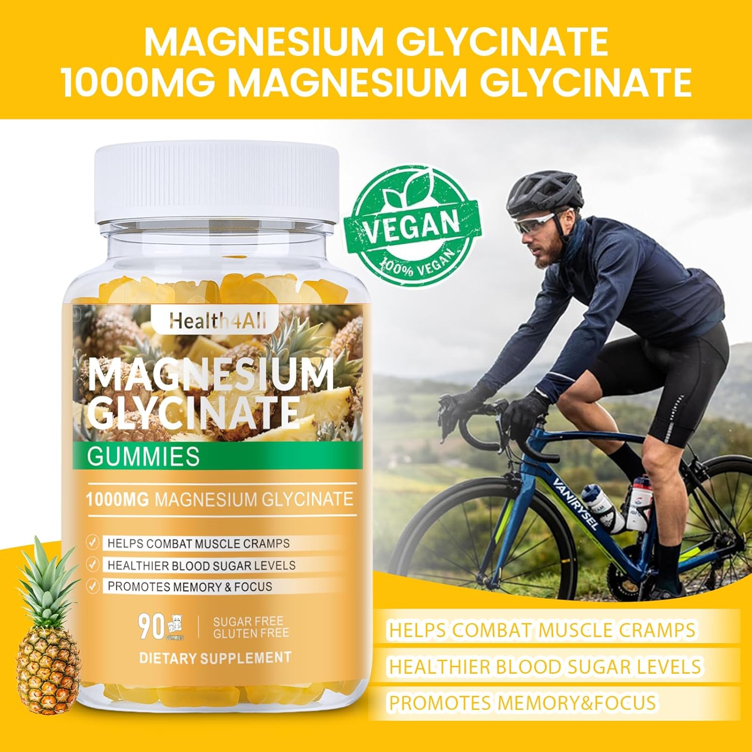 Magnesium Glycinate Gummies 1000mg, High Absorption Sugar Free Magnesium Potassium Supplement for Relaxation, Stress Relief, and Sleep Support for Adults & Kids - 180 Pineapple Gummies
