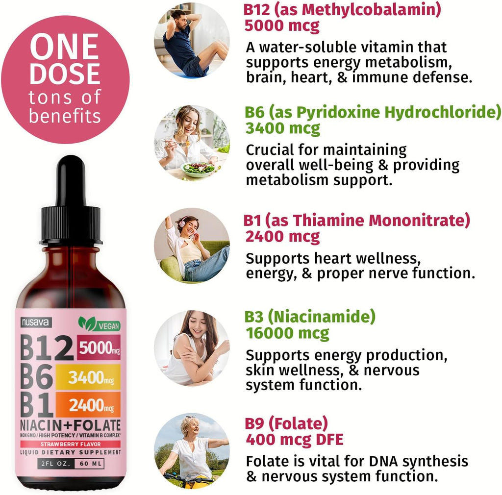 (2 Pack) Vitamin B12 and B6 Liquid Drops, B12 Sublingual Vitamin B Complex - B 12 Vitamin 5000mcg - B12 Methylcobalamin for Energy, Brain, and Heart Support with 27,200 mcg, Strawberry, 80 Servings