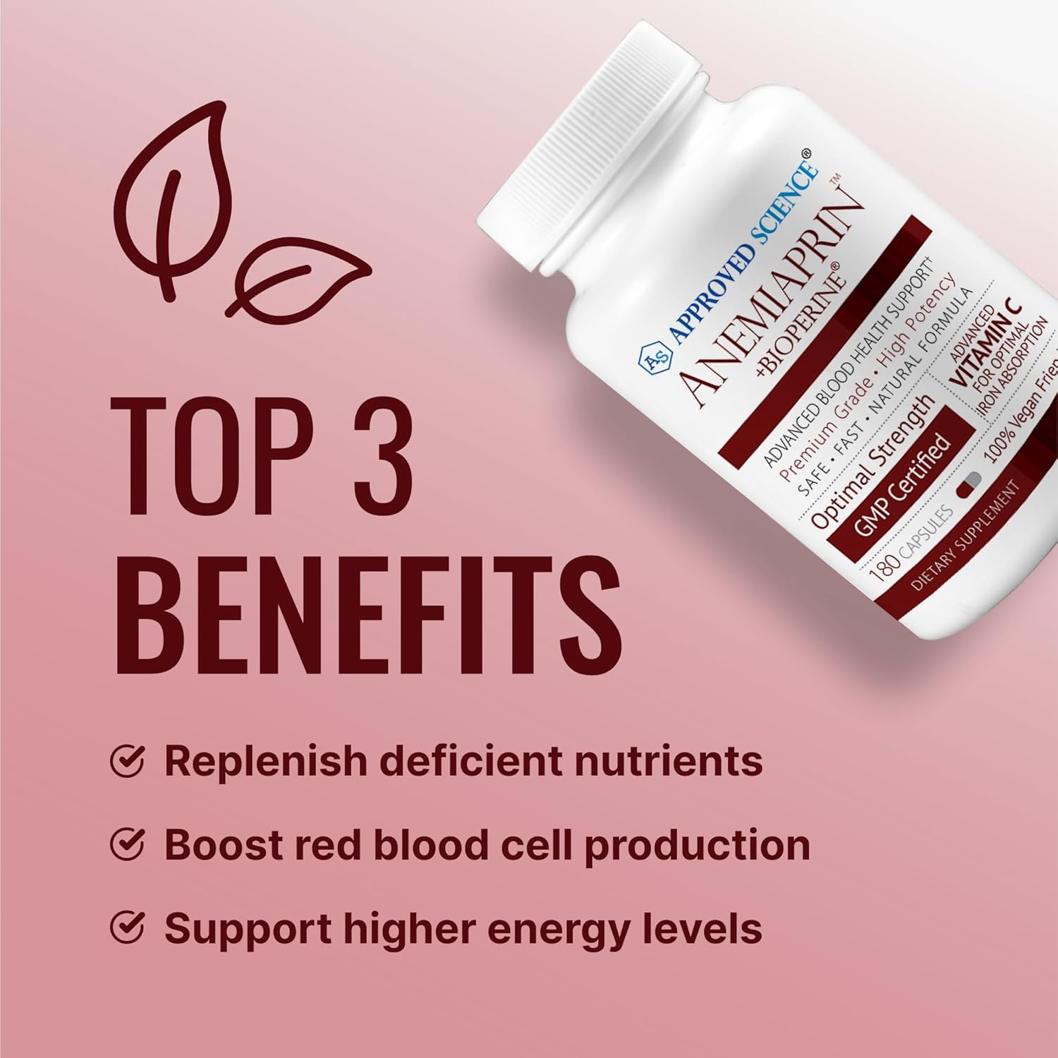 Approved Science Anemiaprin - Absorbable Iron, Vitamin C - Gentle On Stomach - 180 Capsules - 3 Month Supply - Non-GMO, Vegan