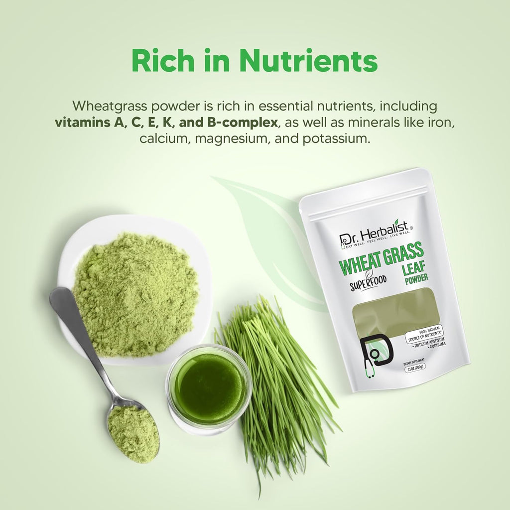 Dr. HERBALIST Wheatgrass Powder 200g | Rich in Chlorophyll, Antioxidants, and Nutrients | Organic Triticum aestivum Powder for Detox, Energy, and Wellness I Non GMO