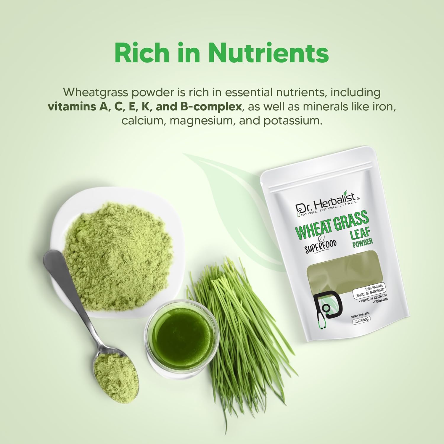 Dr. HERBALIST Wheatgrass Powder 200g | Rich in Chlorophyll, Antioxidants, and Nutrients | Organic Triticum aestivum Powder for Detox, Energy, and Wellness I Non GMO