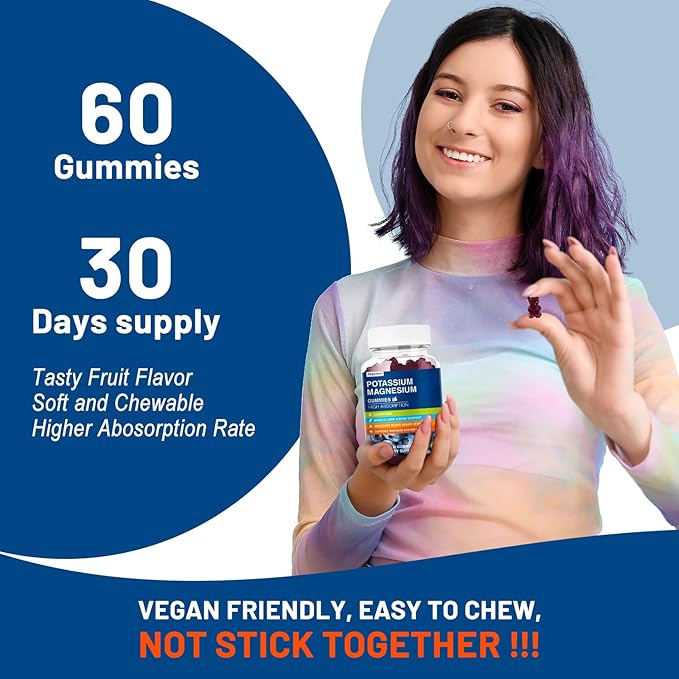 Magnesium Potassium Supplement Gummies - High Absorption Calm Magnesium Glycinate & Potassium Citrate Plus Coenzyme Q10, DHA, D3, Mineral & Calcium for Zzz, Leg Cramps & Muscle - 60 Blueberry Gummies