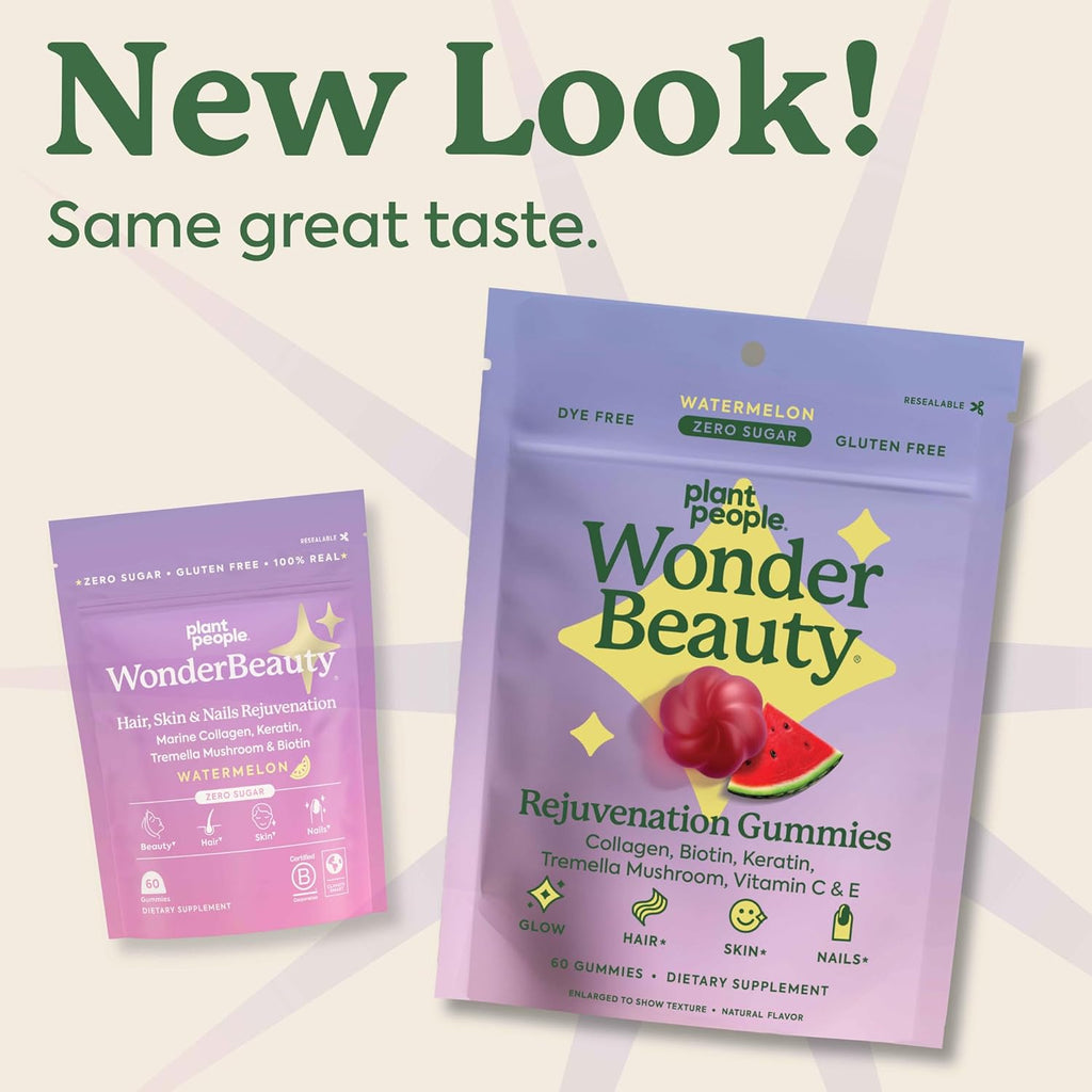 Plant People WonderBeauty Hair, Skin & Nails Rejuvenation Gummies with Tremella Mushroom, Marine Collagen Peptides, Keratin, & Biotin – Watermelon Flavor, 60 Gummies