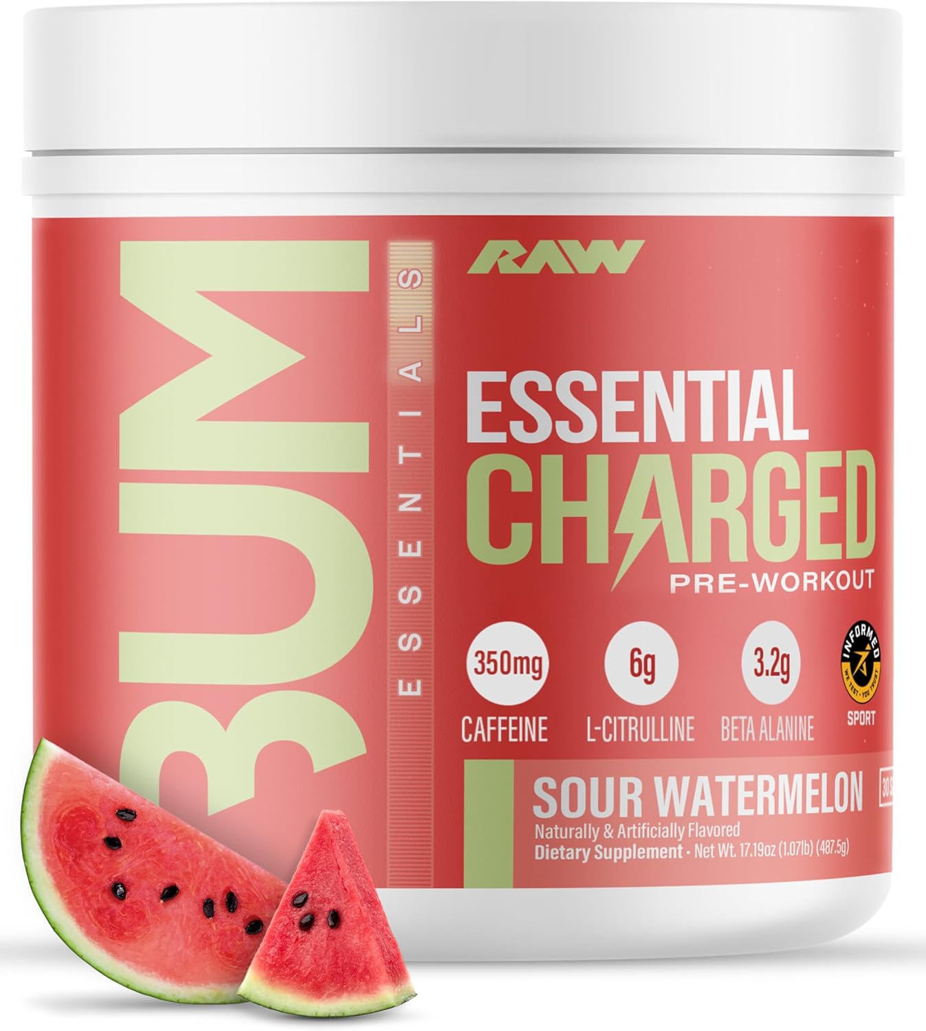 RAW Pre-Workout Powder, Essential CHARGED (Sour Watermelon) - Preworkout Supplement for Men & Women - Supports Focus, Mood & Performance - Caffeine, Alpha-GPC, L-Citrulline, Beta Alanine (25 Servings)