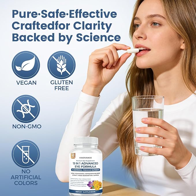 VisioVance 15 in 1 Advanced Eye Formula, Neurobella Eye Supplement with Lutein, Zinc, Luteolin, Zeaxanthin & Bilberry Extract, 60 Capsules (1)