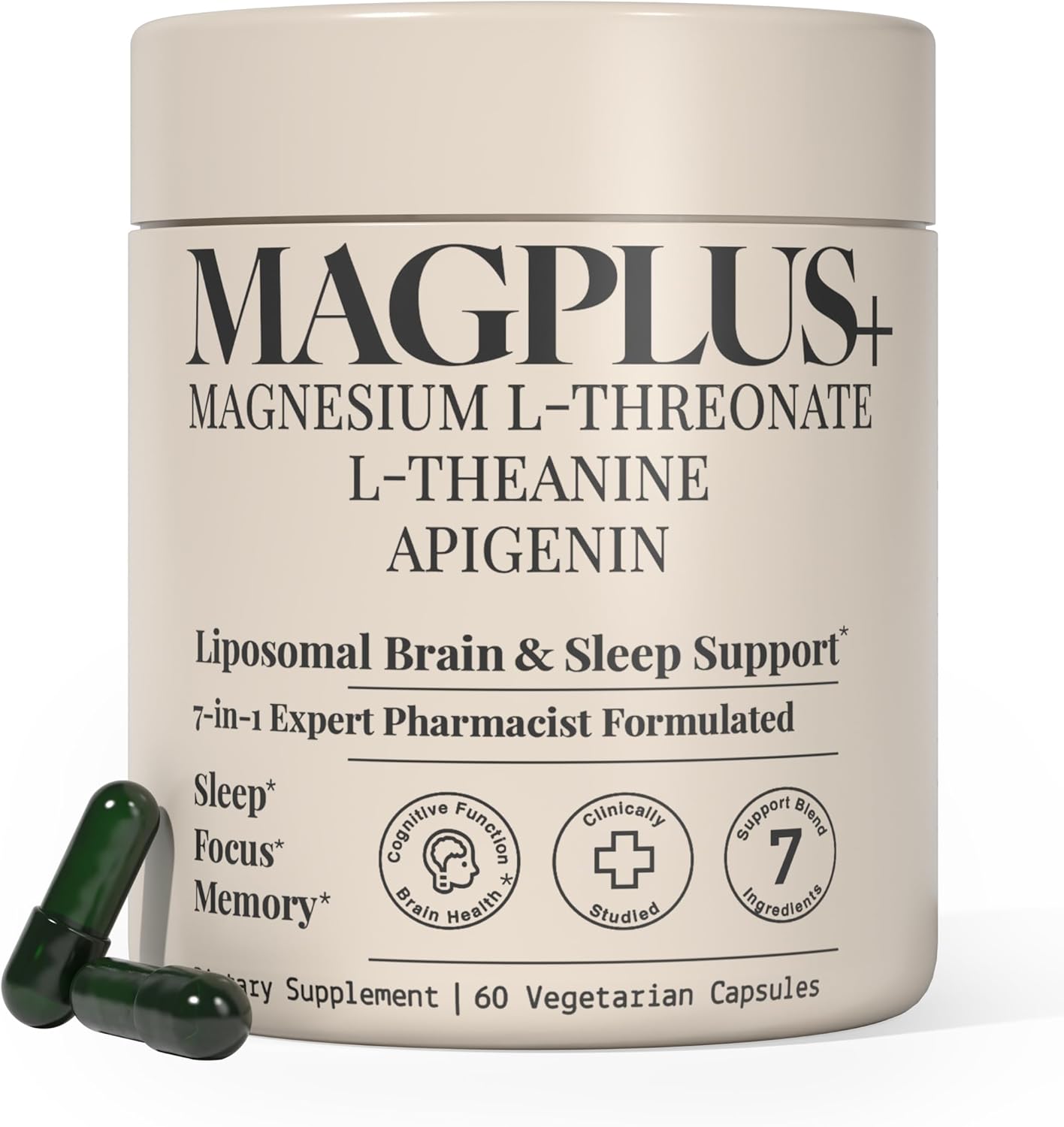 MAGPLUS+ Magnesium L-Threonate w. Apigenin & L Theanine, 1500mg 7-Ingredient Sleep Blend - Brain & Memory Support - Liposomal Magnesium Threonate Supplement - Capsules Supports Health, Rest & Mood