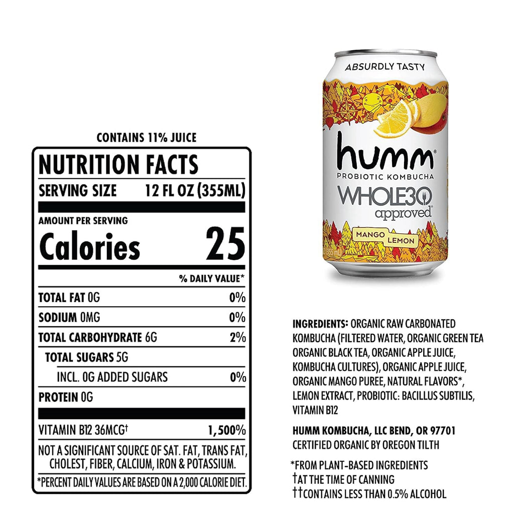 Humm Whole30 Approved Kombucha, Mango Lemon, Organic, Vegan & GMO Free (12 Pack)