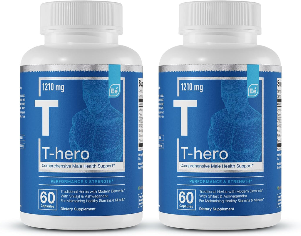 Essential Elements Male Health Supplement - Muscle Support & T-Health with DIM, Ashwagandha, Shilajit, More | T-Hero 60 Vegan Capsules (2-Pack)