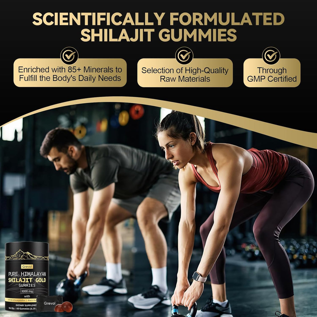 Pure Himalayan Shilajit Gummies: Gold Grade Shilajit Riched with Ashwagandha Fulvic Acid & 85+ Trace Minerals - No Added Sugar - Individually Wrapped - for Men & Women - 60 Gummy