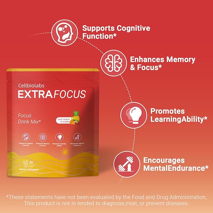 Cellbiolabs Extra Focus Drink Mix, 30 On-The-Go Stick Packs, Featuring Alpha-GPC, Lion's Mane & Rhodiola, Sugar-Free Clean Drink Mix